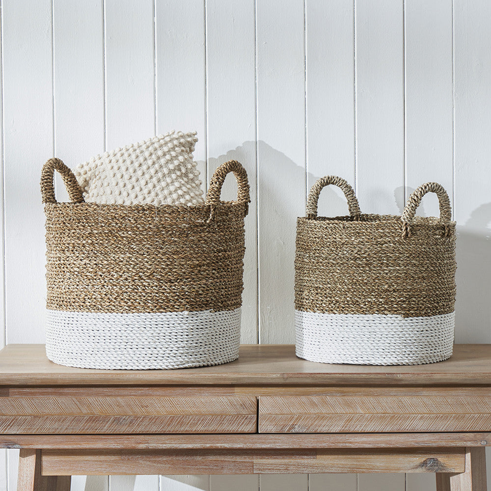 Set of 2 Banana Leaf Two Tone Natural and White Baskets